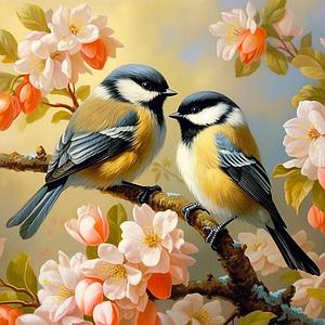 DIAMOND PAINTING MINI 25x25CM FRAMED - PAIR OF BIRDS AMIDS BLOSSOMS